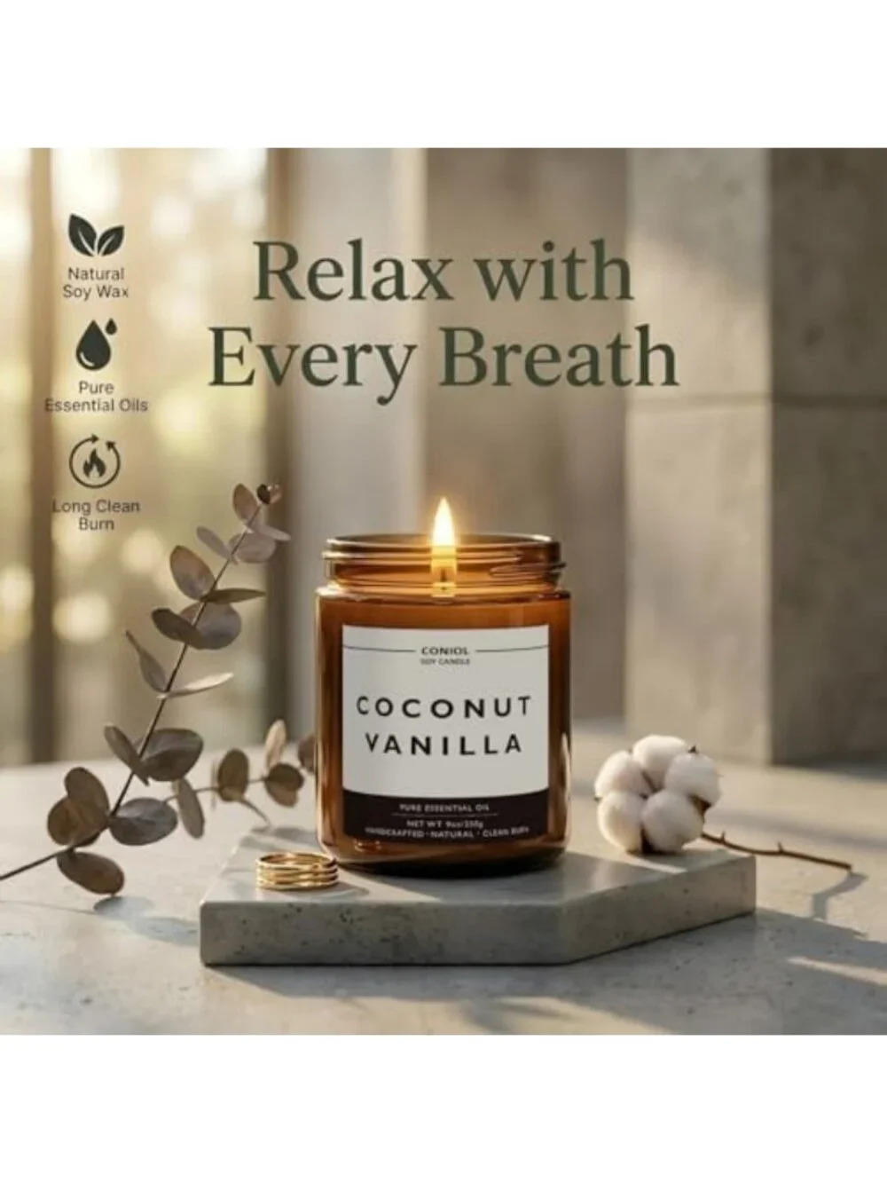 Coconut Vanilla Soy Wax Candle - 9oz Aromatherapy Jar, Long-Lasting & Non-Toxic
